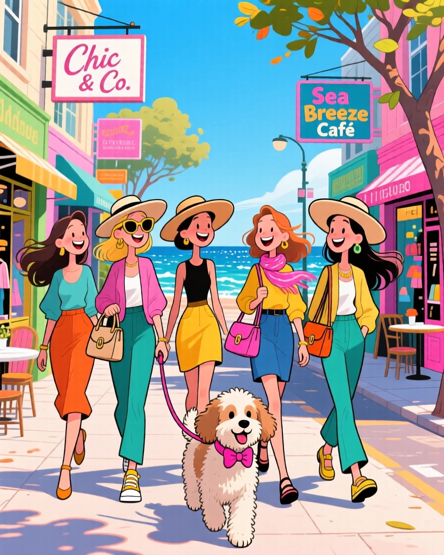 An aspirational lifestyle scene of a group of chic friends strolling a fashionable city street with a perfectly groomed dog, as a gentle sea breeze stirs the air.