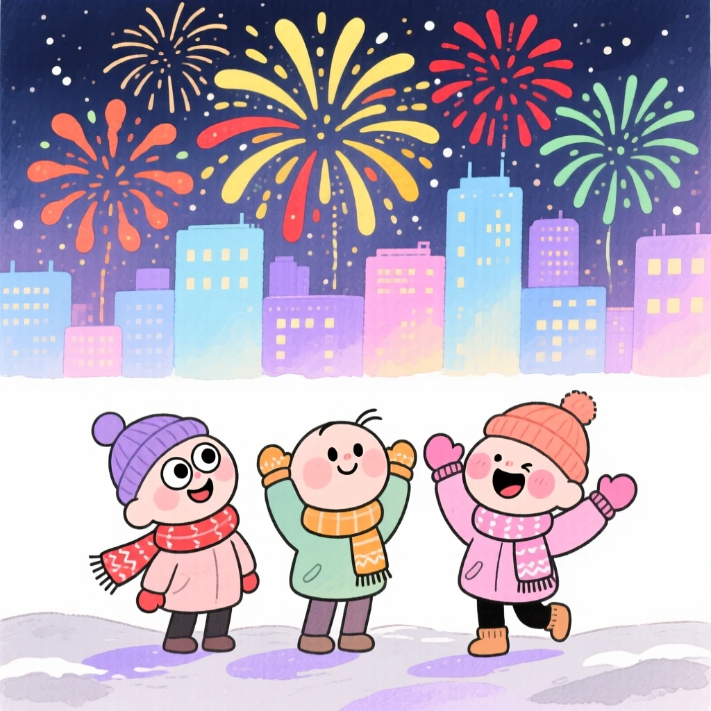 A charming seasonal scene of a New Year fireworks display over a glittering city skyline