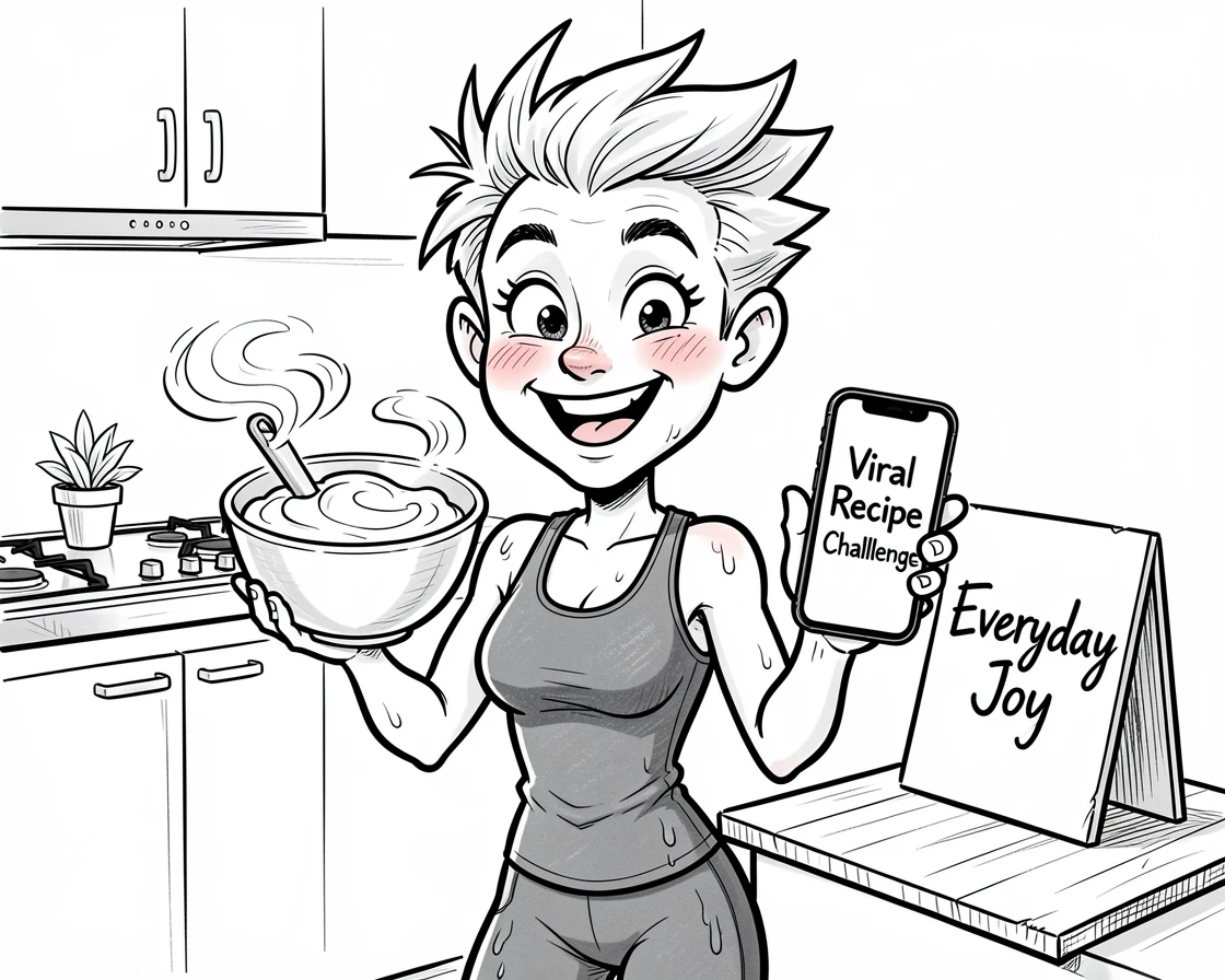 [Trending & Universal Topics] Modern lifestyle scene of a cheerful home fitness enthusiast trying out a viral recipe in the kitchen, capturing everyday joy