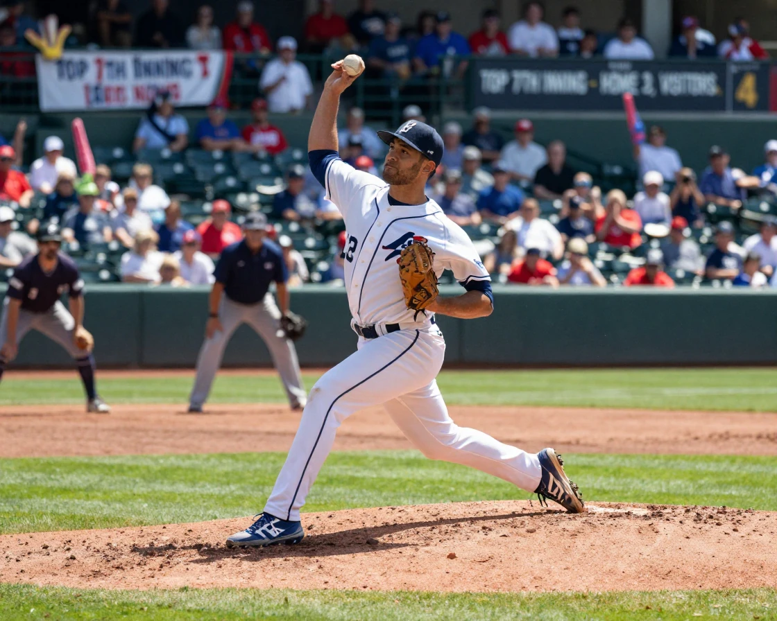 A baseball pitcher winding up for a fastball