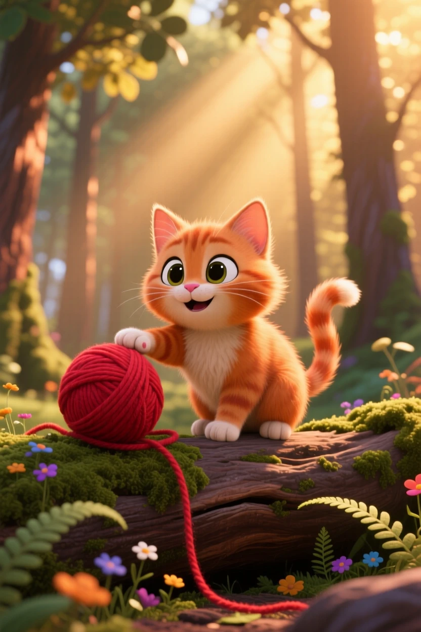 A tiny orange kitten is perched on a mossy log in a quiet forest, pawing gently at a ball of yarn. The scene feels warm and heartwarming, with warm colors filling the background.