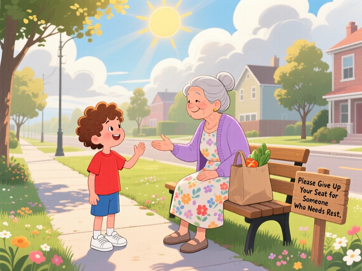 A young boy and an elderly neighbor are seen giving up a seat so someone else can rest in a quiet neighborhood sidewalk, while the sun breaks through the clouds.
