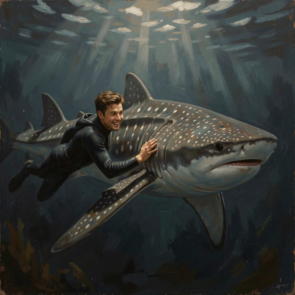 A diver swimming alongside a gentle whale shark in open water, with genuine joy and awe visible on every face, capturing the excitement, freedom, and wonder of travel
