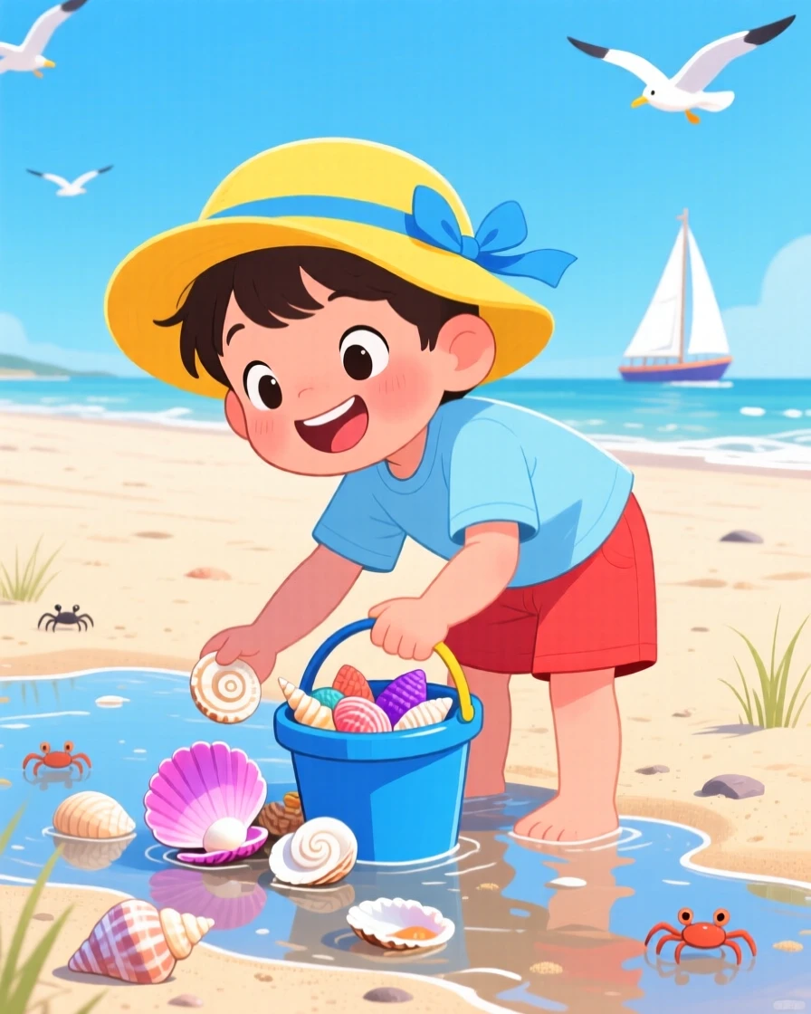 A child collecting seashells at low tide with a small bucket.