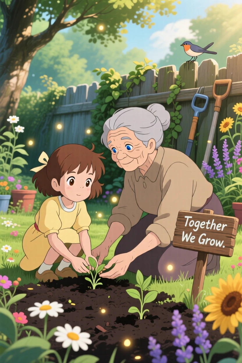 A tender moment of a young girl and an elderly neighbor tending a garden together, the scene filled with hope.