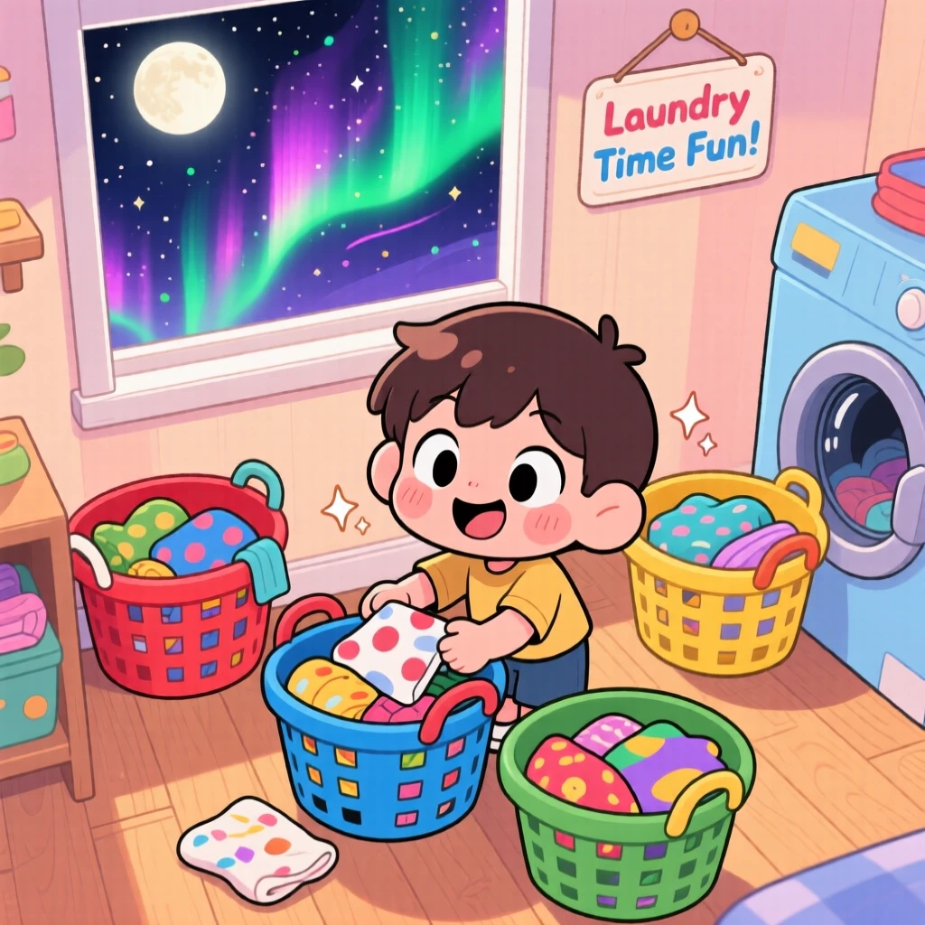 A small boy sorting laundry into colorful baskets, framed as a high aerial view within a cozy laundry room, beneath swirling aurora-lit skies, glowing under soft moonlight, evoking giggling amusement.