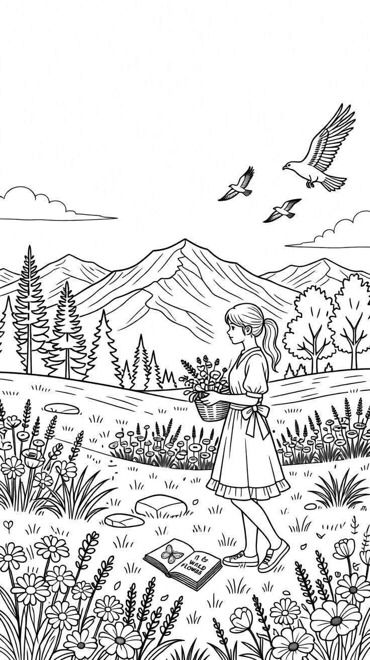 A meadow of wildflowers beneath a distant mountain range, with birds circling high above the treetops.