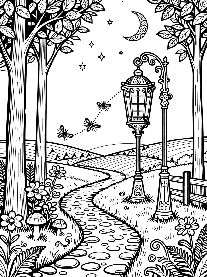 A single trail of fireflies leading toward a glowing lantern.