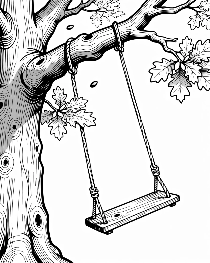 A rustic swing hanging from the branch of an old oak tree