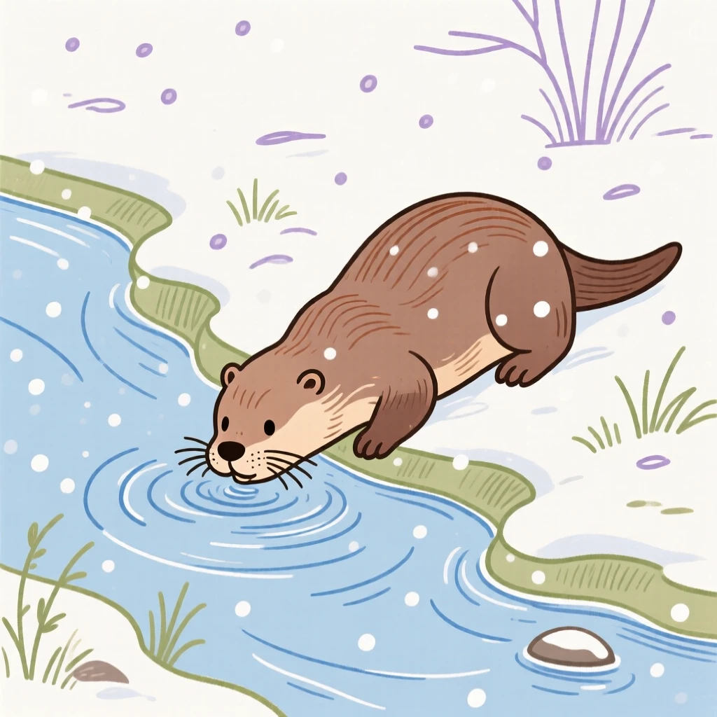 A playful otter drinking from a stream along a quiet riverbank during a light snowfall.