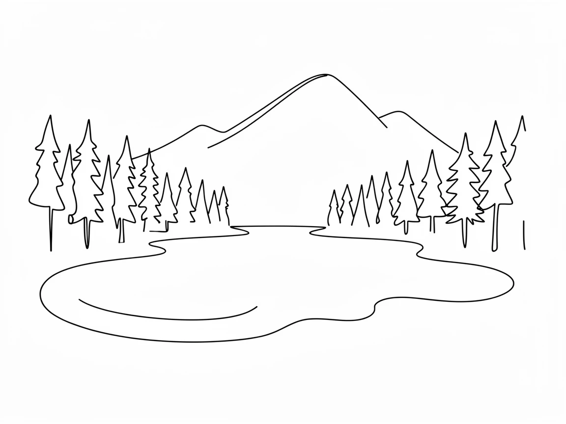 A serene lake surrounded by dense pine forest at the base of a mountain