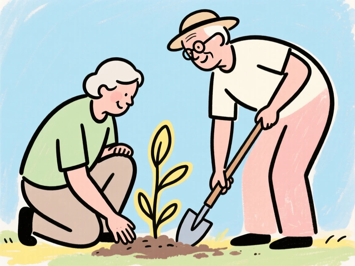A retired couple gardening together