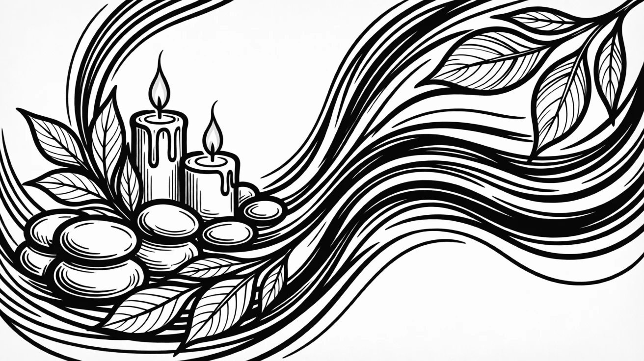 A flat lay of a spa scene with candles, stones, and fresh eucalyptus leaves.