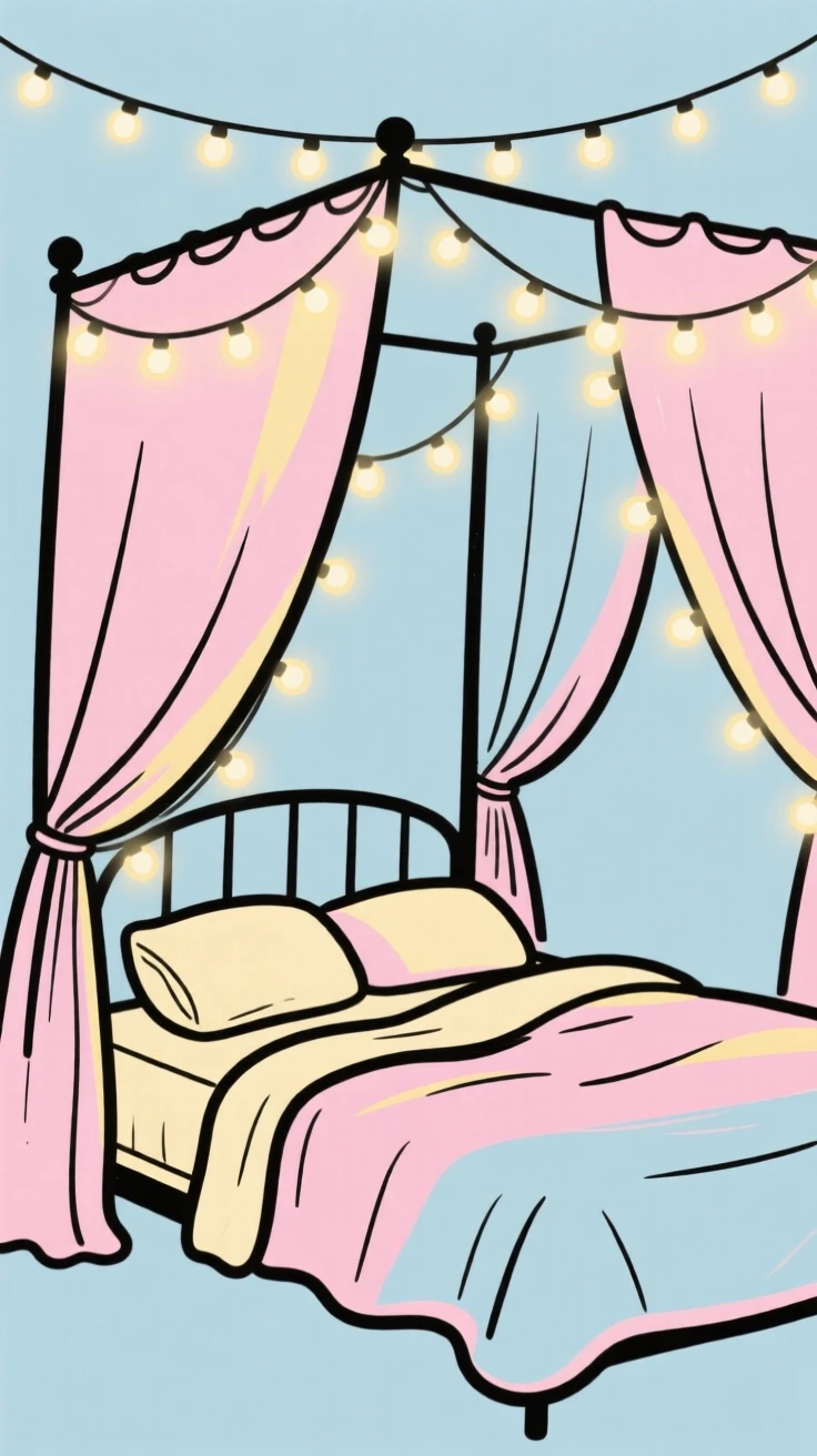 A cozy bedroom with fairy lights strung above a canopy bed.