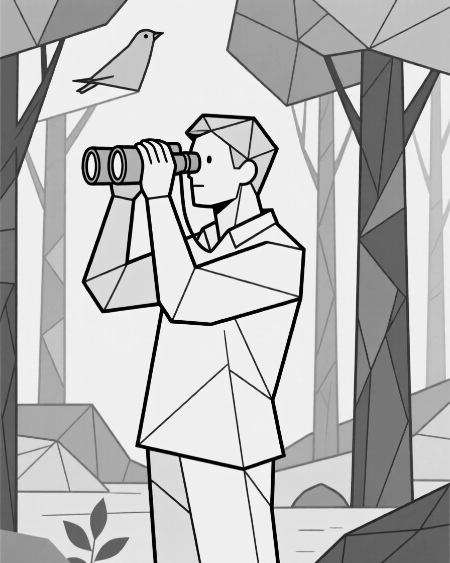 A birdwatcher observing wildlife through binoculars in a forest