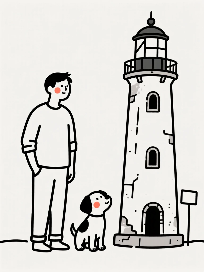 A father with a curious puppy, beside an old lighthouse.