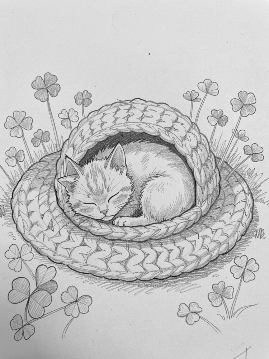 A kitten napping inside a cozy knitted hat, in a field of clover, looking impossibly soft and content.