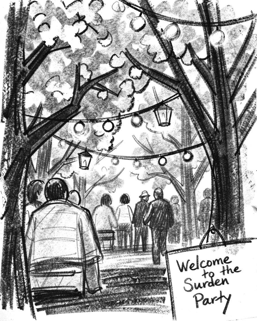 A summer garden party with string lights and lanterns, beneath blossoming trees in full bloom.