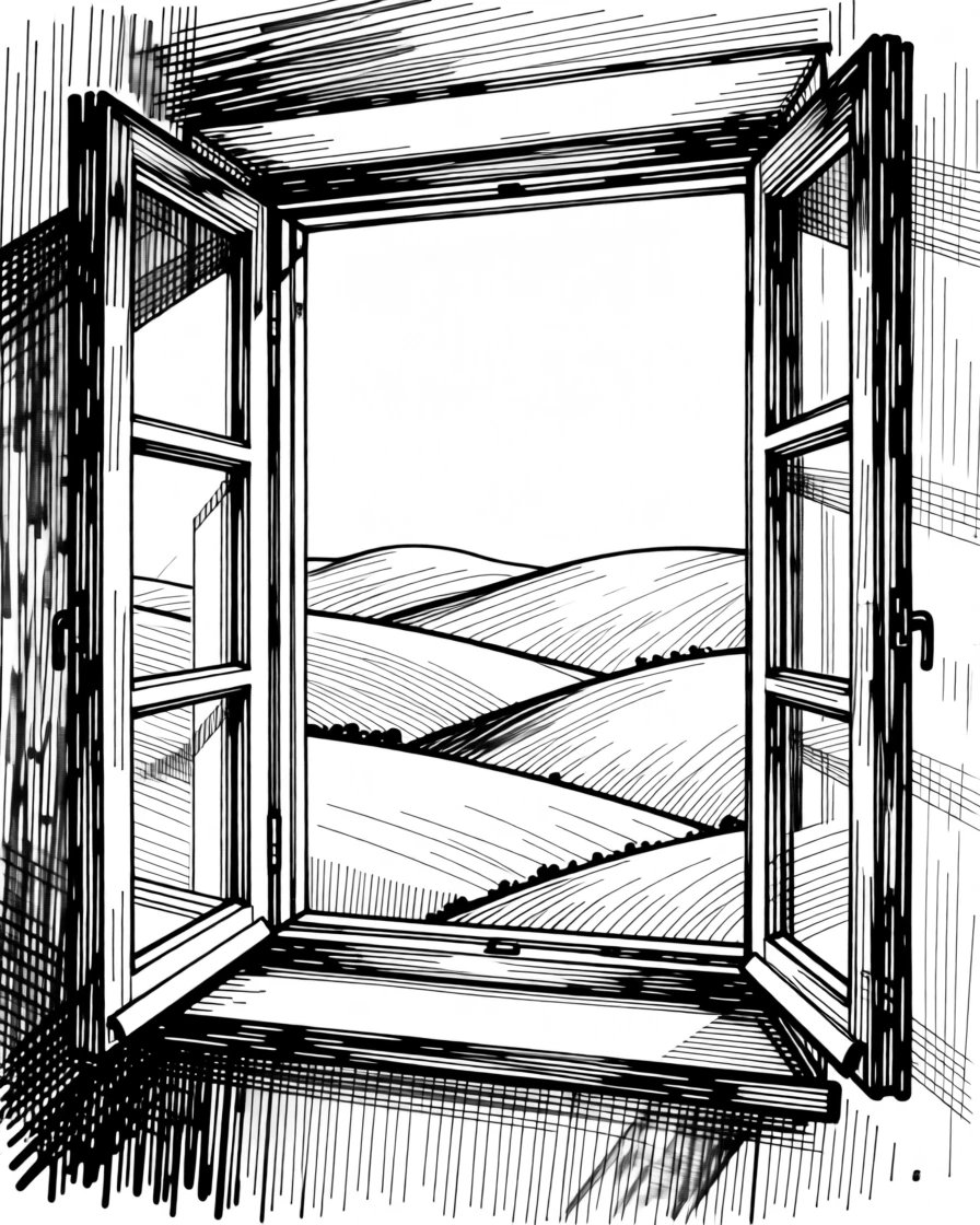 A single open window revealing a view of distant rolling hills.