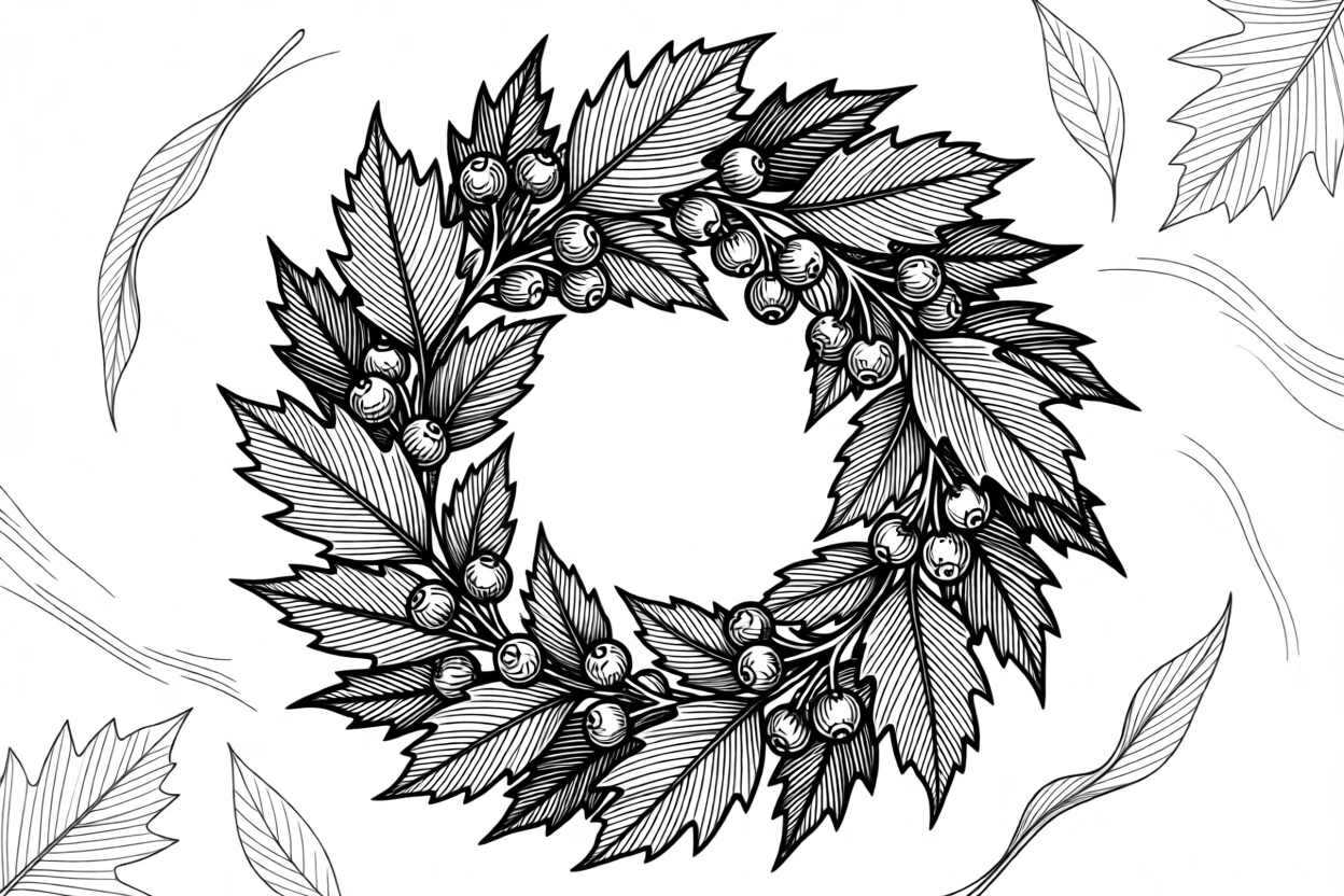 An ornamental wreath of autumn leaves and berries arranged to draw the eye toward the center, with intricate detailing that rewards close viewing, forming an elegantly decorative composition.