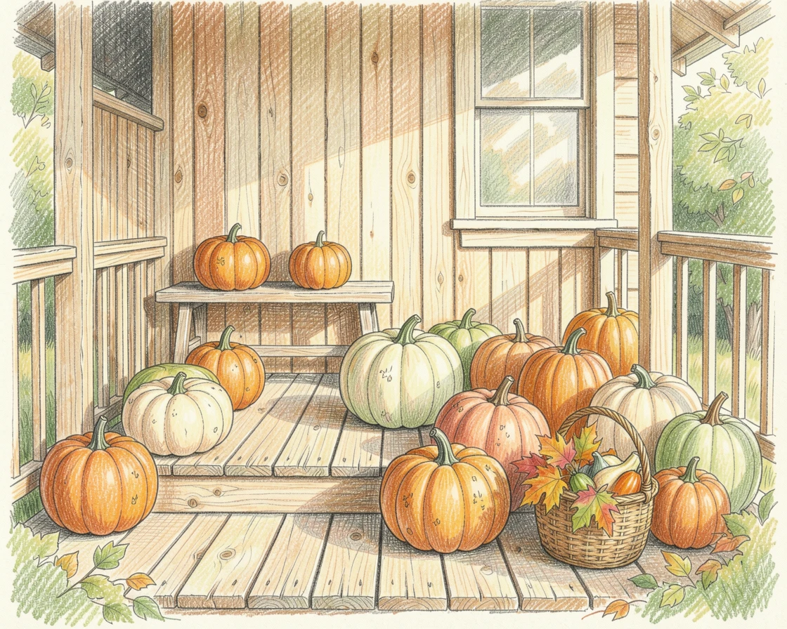 A rural farmhouse porch lined with pumpkins for the season, with rich, inviting textures throughout the scene, evoking warmth, beauty, and a lasting sense of wonder.