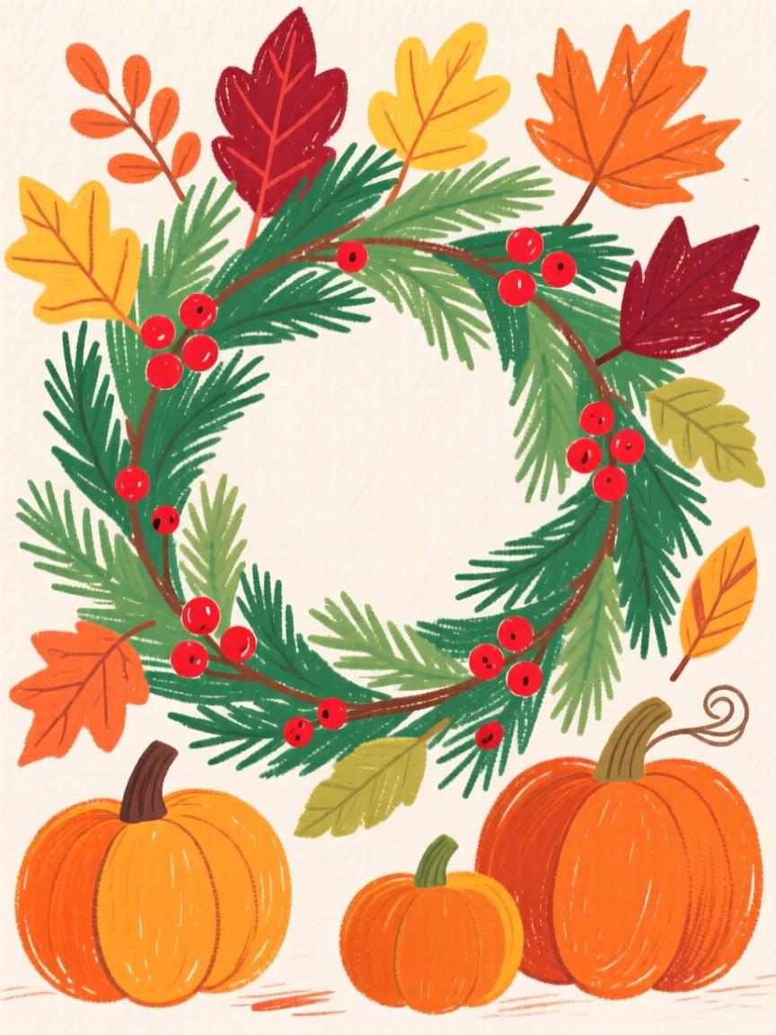 A wreath of pine and berries framed by autumn leaves and pumpkins.