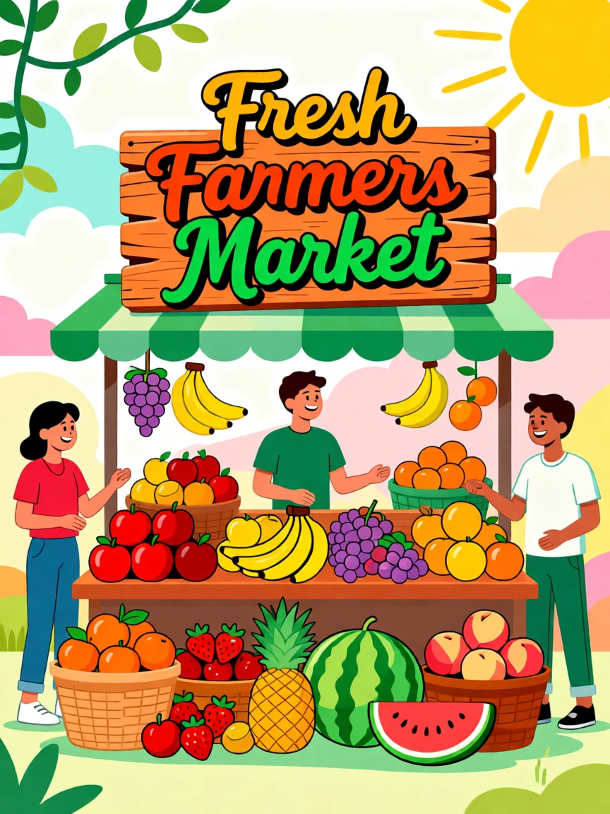 A colorful farmers market fruit stand bursting with fresh produce, surrounded by a lively, youthful energy, arranged with a trendy, effortlessly stylish balance, with vibrant, trendy colors that feel fresh and current.