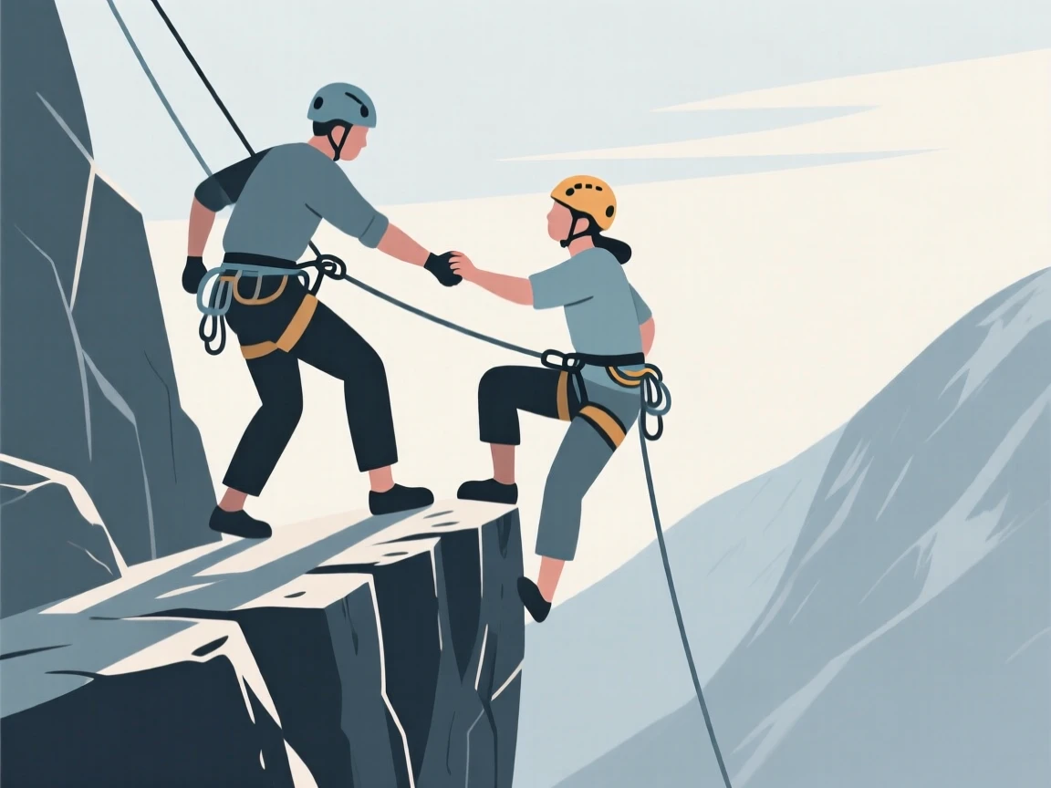 A climber and a teammate helping each other across a narrow ledge.