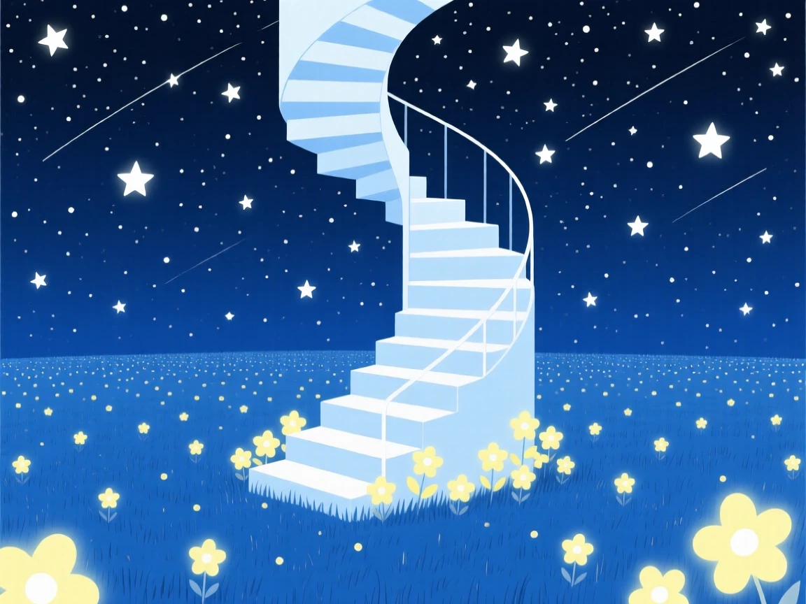 A dreamlike staircase spiraling into the stars rising from an endless field of stars, filled with clusters of luminous flowers, evoking quiet enchantment.