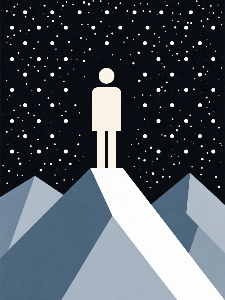 A person standing at a mountain summit under a starry sky