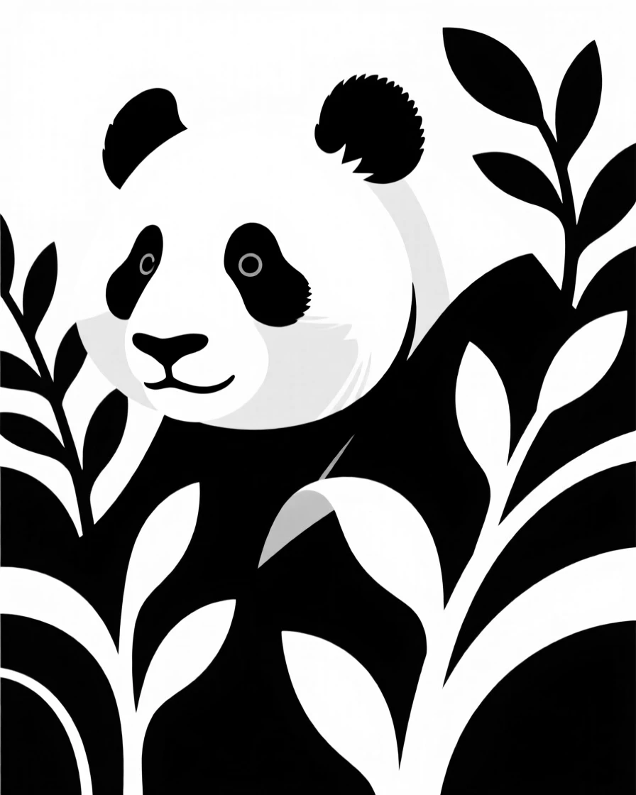 A giant panda peering out from behind a bush.