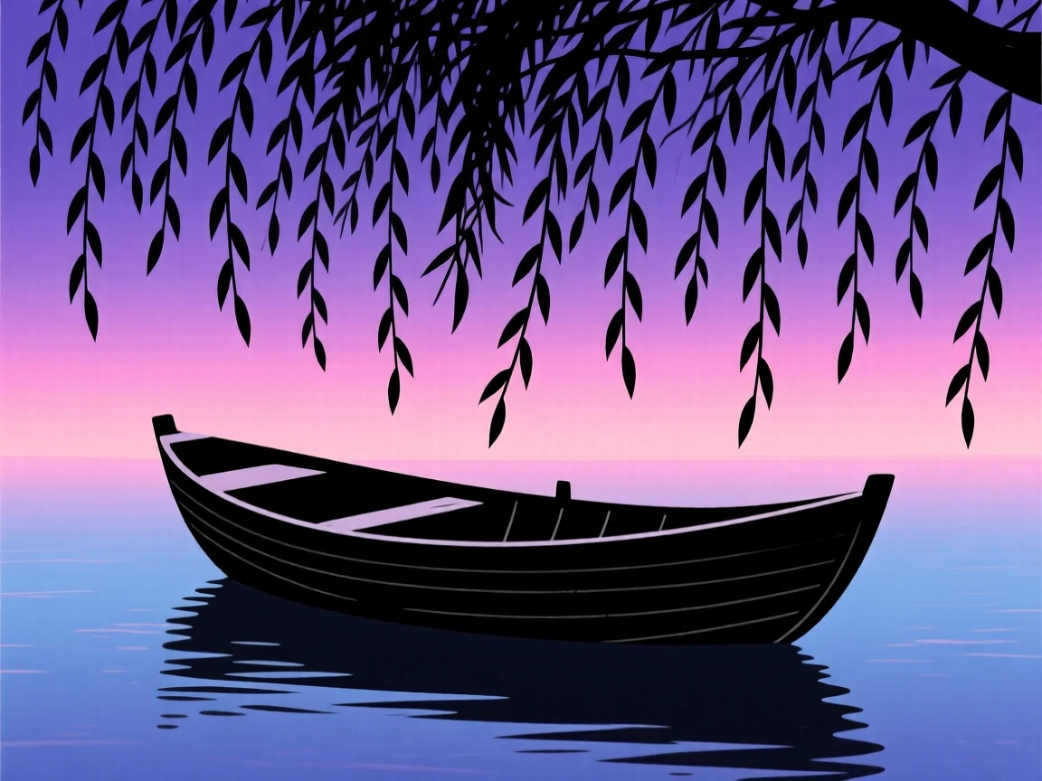 A single wooden boat drifting beneath a canopy of overhanging willow branches.