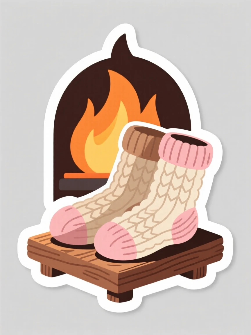 A warmly comforting cozy pair of socks warming by a fireplace, captured in a candid, feel-good moment, the type of feel-good content people love saving.