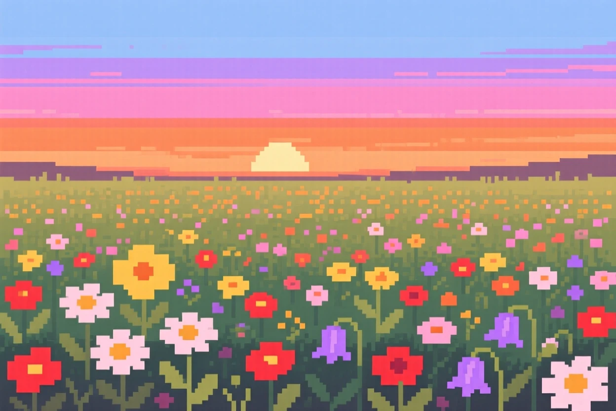 A field of wildflowers reflecting the colors of a setting sun, under a sky painted with the colors of sunset.