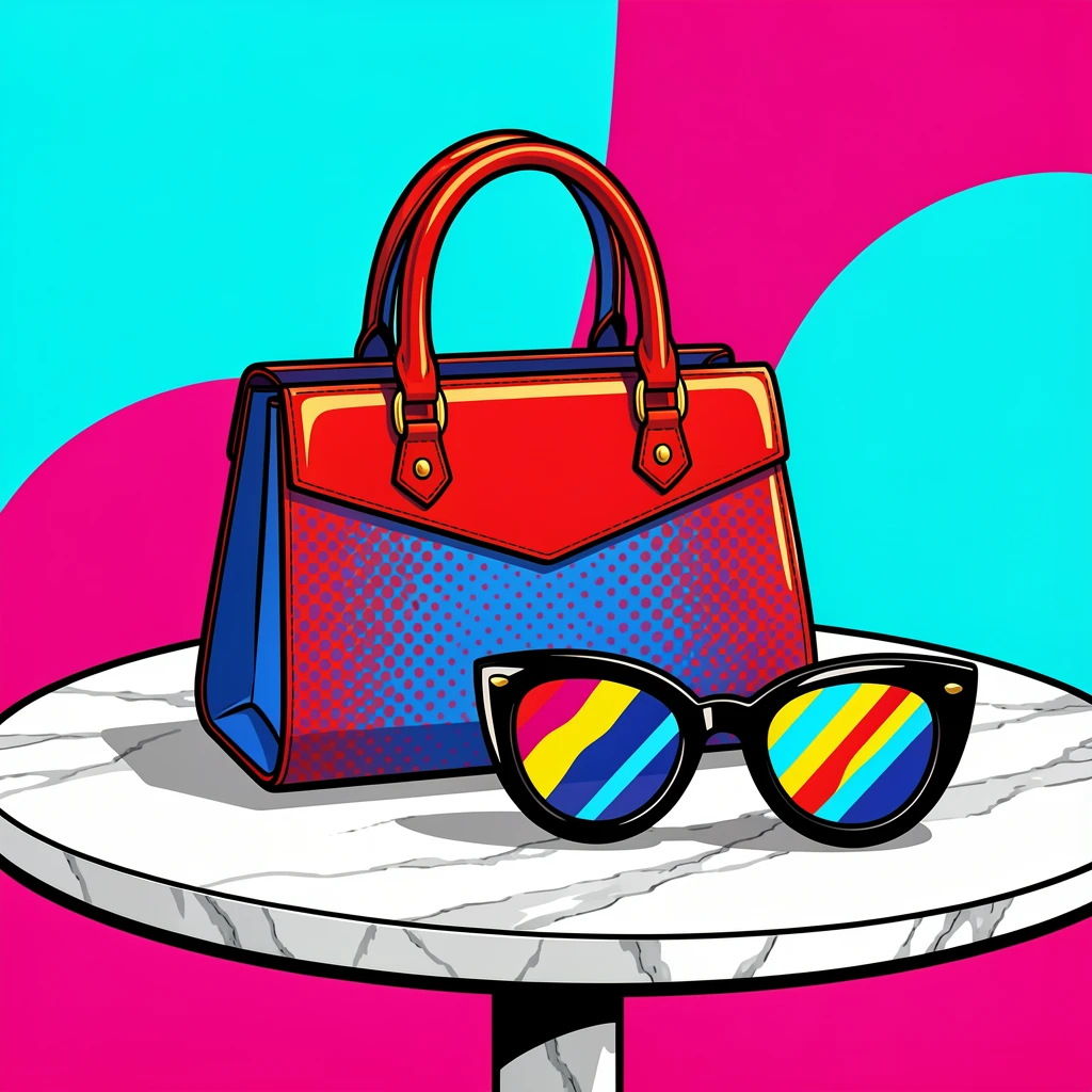 A stylish handbag paired with sunglasses on a marble table
