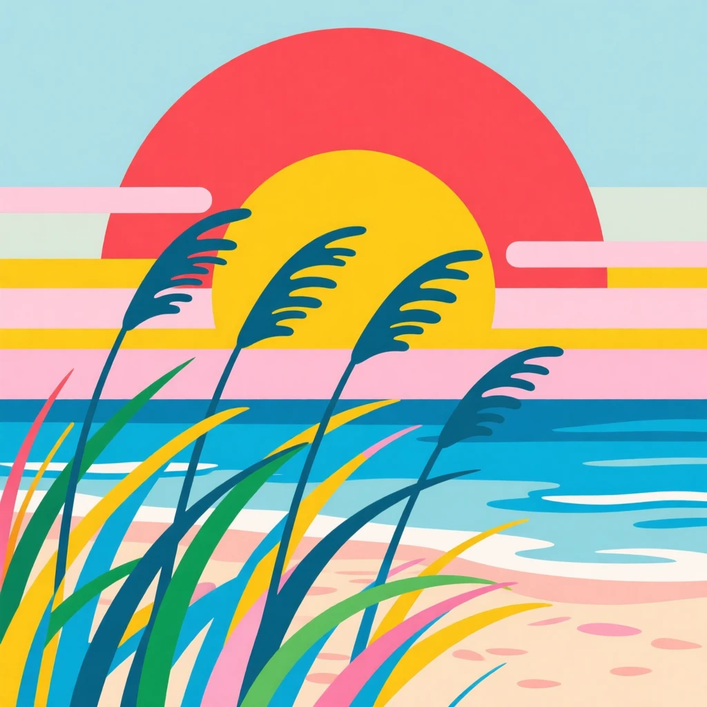 Coastal beach grass swaying against a sunset