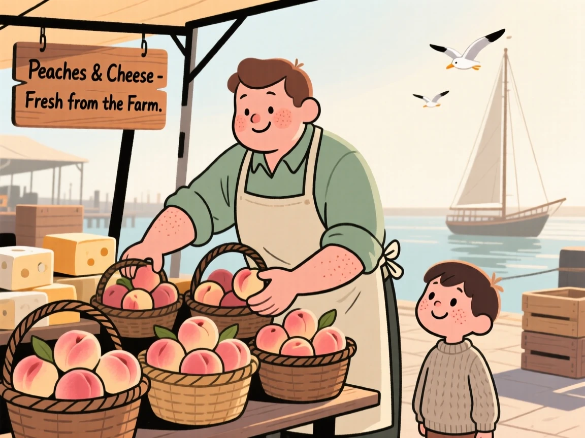A cheese maker arranges baskets of ripe peaches at a bustling harbor market, greeting a curious child with a warm smile in the morning sun.