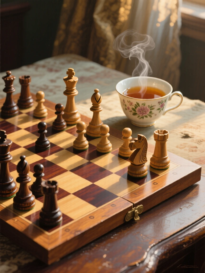 A tightly framed close-up of a wooden chessboard mid-game beside a cup of tea, at golden hour.