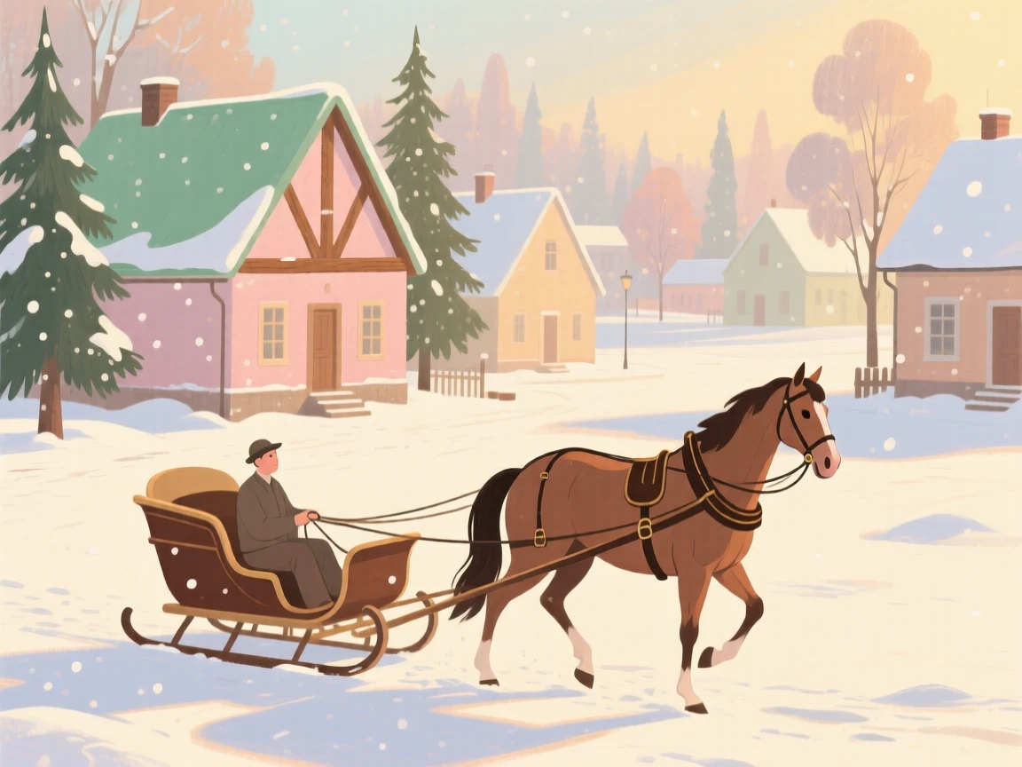 A snow-dusted village square with a horse-drawn sleigh passing through