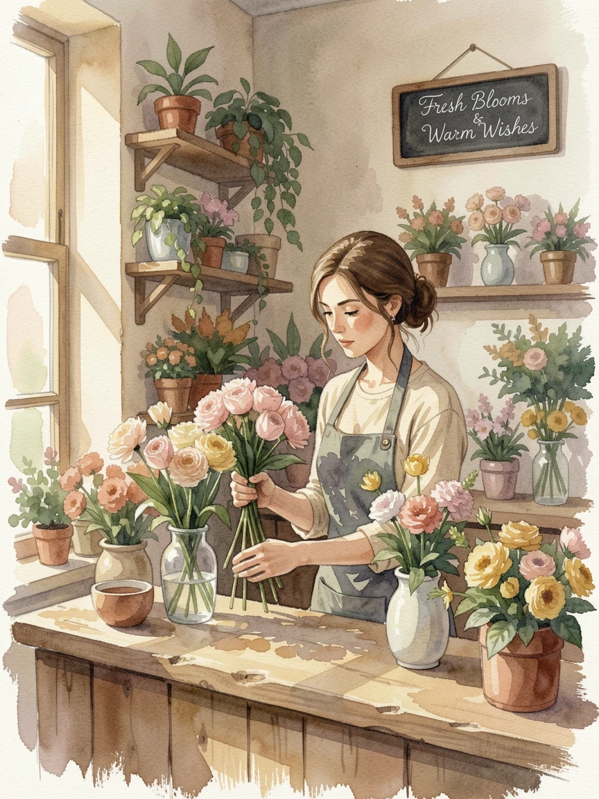A woman arranging flowers in a small shop surrounded by a warm and inviting setting.