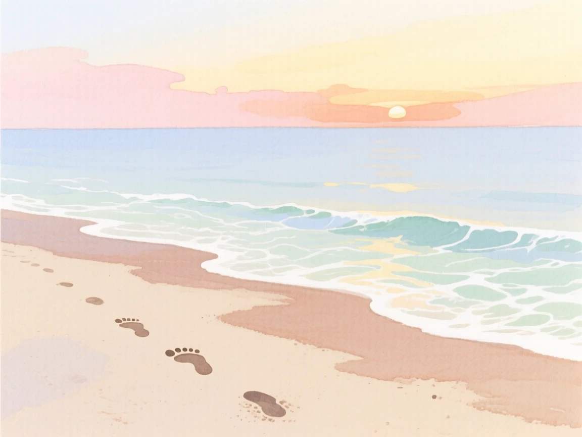A tranquil beach at sunrise with gentle waves lapping the shore and a single set of footprints in the sand