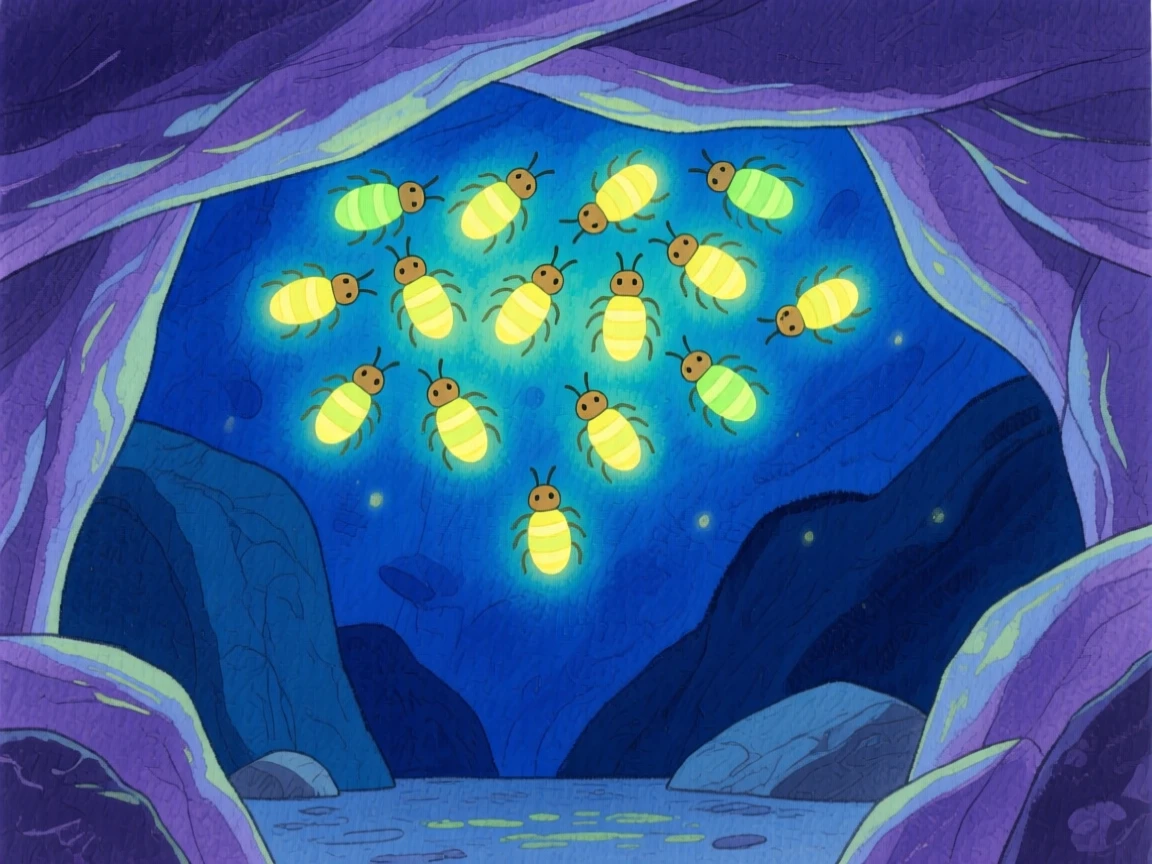 A cluster of glow-worms lighting up a cave ceiling at night.