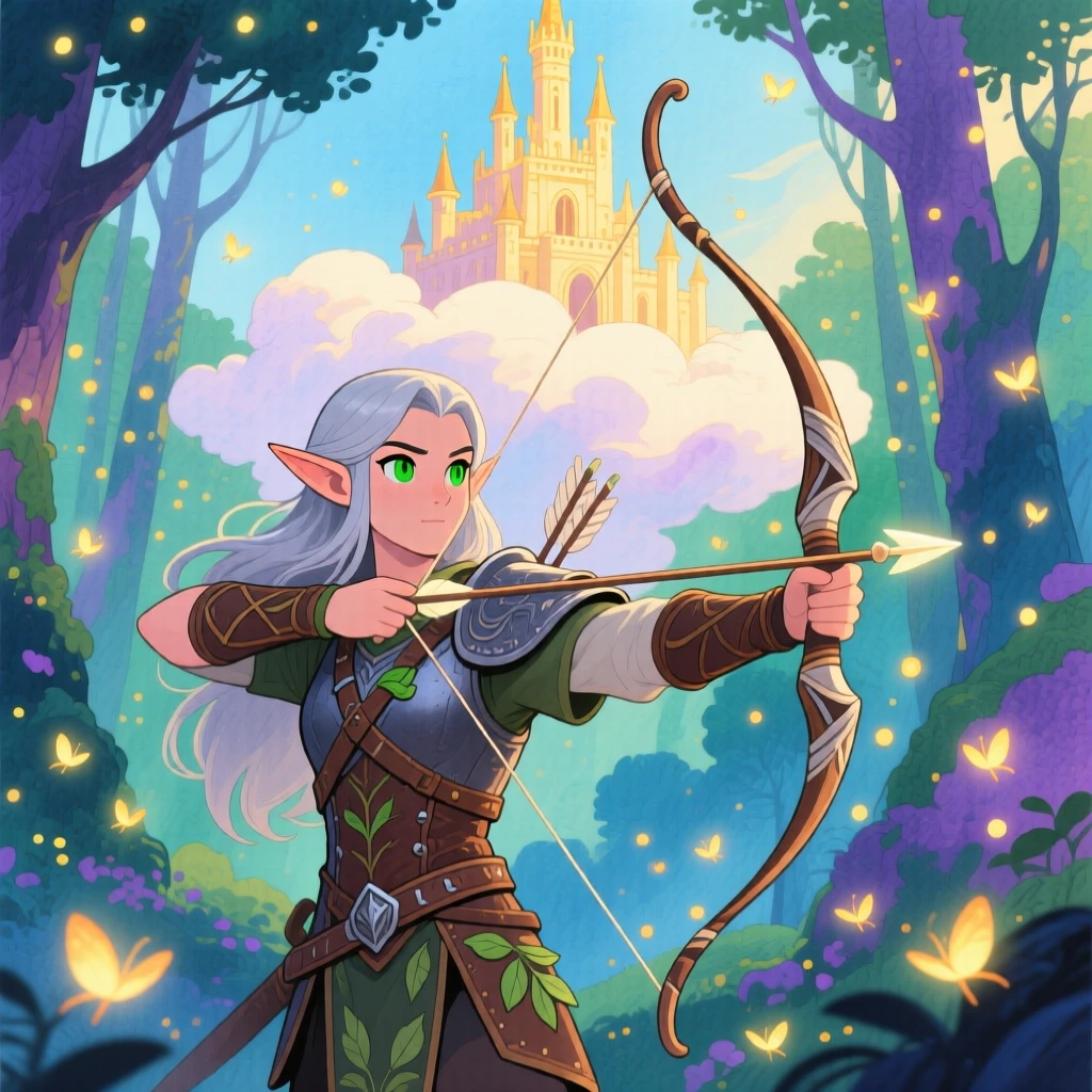 An elven archer standing before a castle perched atop a cloud, in an enchanted forest glowing with fireflies, radiating hope and heroic determination.