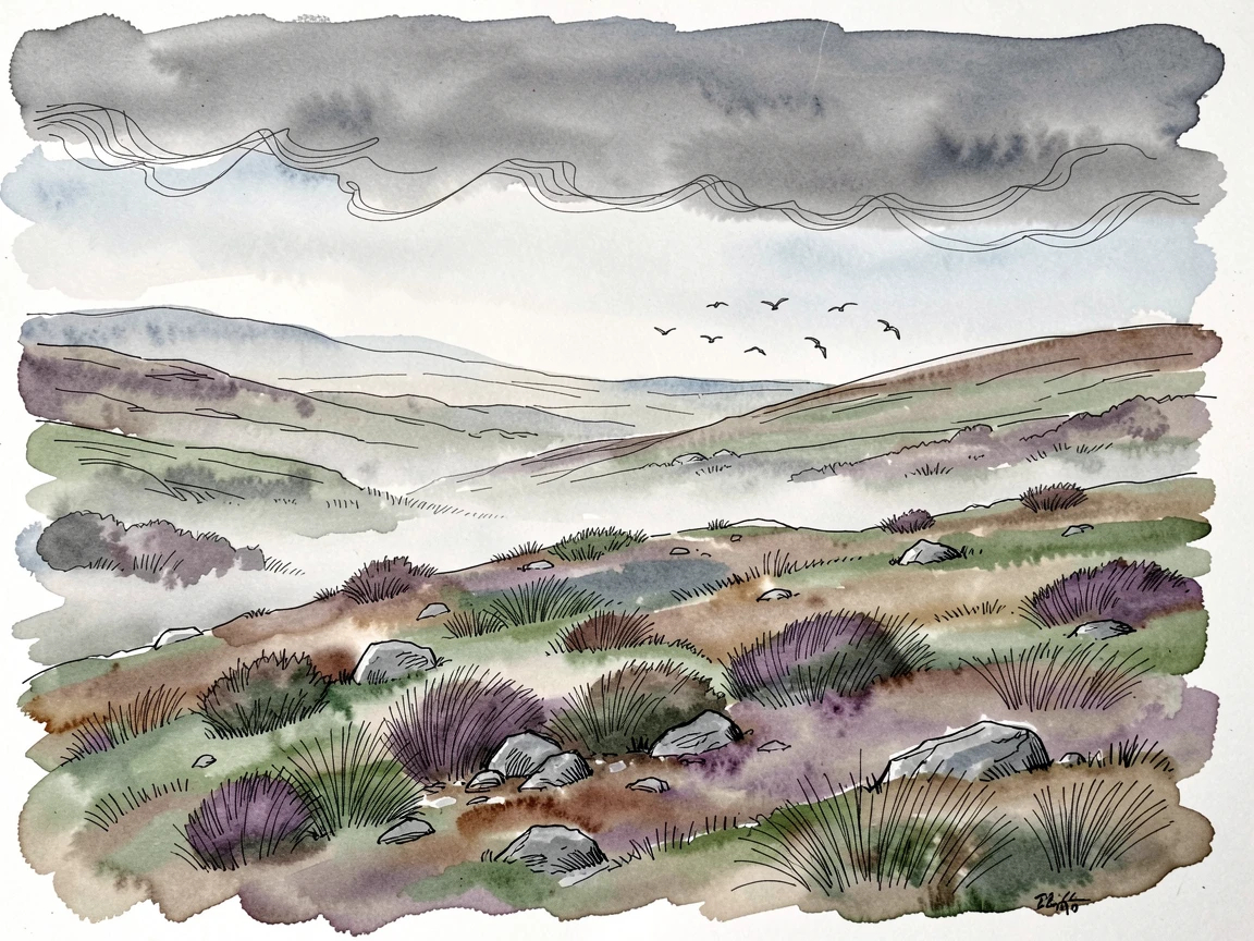 A misty highland moor stretching beneath a brooding grey sky, birdsong drifting through the stillness of early morning.