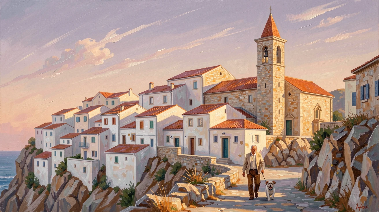 A cluster of whitewashed houses cascading down a cliffside, beside an old stone church with a tall bell tower, an old man walking his dog along the quiet lane, at golden hour, rooftops glowing warmly in the low sun.