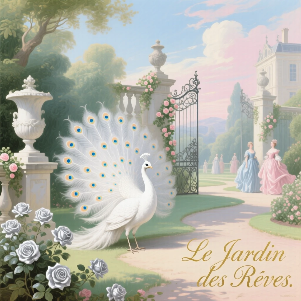 A white peacock spreading its tail in a palace garden of silver roses  