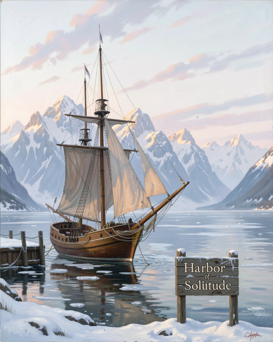 A ship at anchor gathers beneath the pale light of a winter dawn over distant mountains.