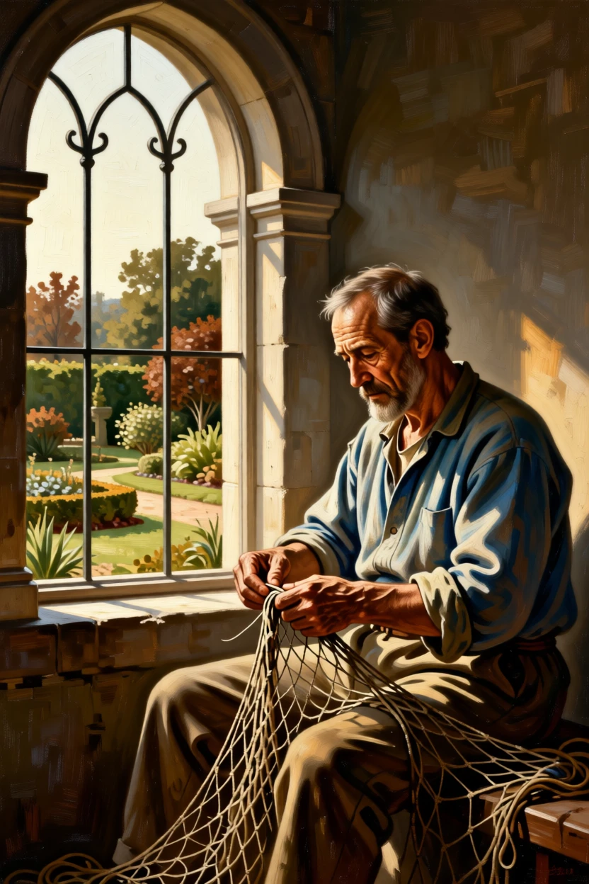 A fisherman mending his nets at the edge of a harbor caught between one breath and the next, set beside a tall arched window overlooking a garden, with worn hands and a face lined by years of quiet labor; warm and cool tones contrast to separate figure from background, evoking tenderness, memory, and unspoken emotion.