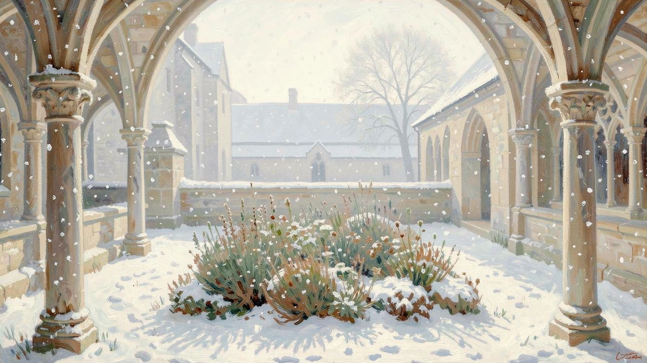 A quiet cloister garden in an ancient monastery, arched stone columns framing a bed of herbs, amid a gentle winter snowfall, radiating serenity and gentle stillness.