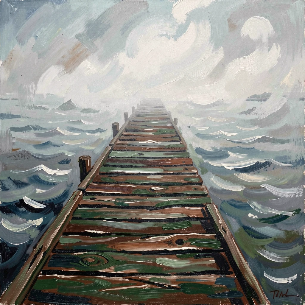 A quiet pier extending into misty water, its far end disappearing into the fog.